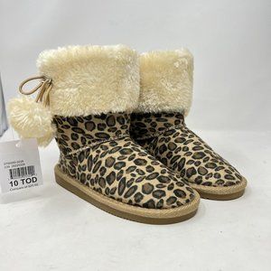 Girls Leopard Boots Faux Sherpa Lining & Pom Poms US Sports Size 10 Toddler‎ NWT